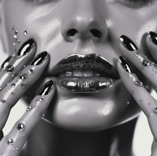 얼굴에 손을 댄 모델 사진, 실버 미러 네일아트 사진