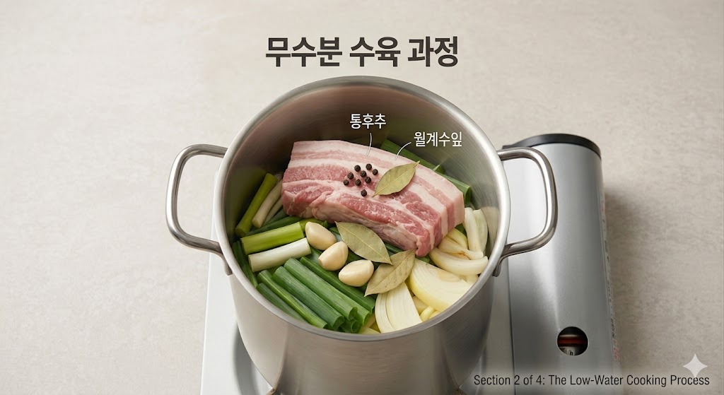 가스 버너 위에 놓인 스테인리스 냄비 내부를 클로즈업하여, 대파와 양파 위에 삼겹살 덩어리가 놓여 있고, 통후추, 마늘, 월계수잎으로 양념된 모습을 생생하게 보여줍니다.