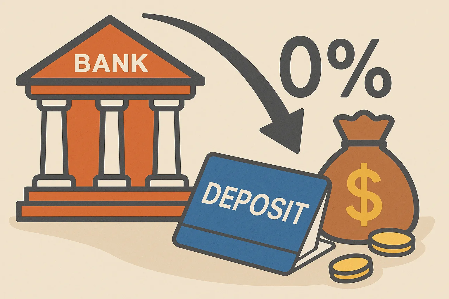 제로금리-시대-이후에-예금의-인기-변화를-상징적으로-표현한-일러스트-이미지로-은행과-저금통-그리고-금리하락을-나타내는-화살표를-묘사