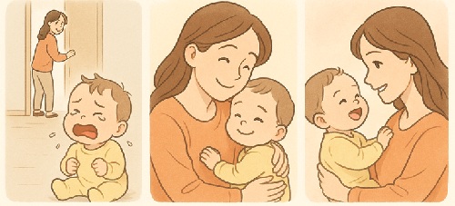 엄마를 찾으며 울던 아기가 엄마의 품에서 안정감을 되찾고, 마지막에는 엄마와 눈을 맞추며 웃는 세 컷의 성장 장면