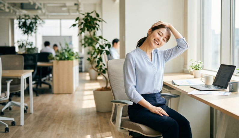 춘곤증 예방을 위해 사무실에서 목 스트레칭을 하는 모습