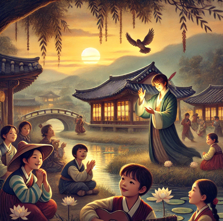 아이들이 노래 부르는 모습을 지켜보는 청년