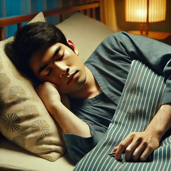 수면 중 식은땀을 흘리며 불편한 표정을 짓고 있는 동양인 남성의 초고해상도 사진 – 수면 중 저혈당 증상 묘사
