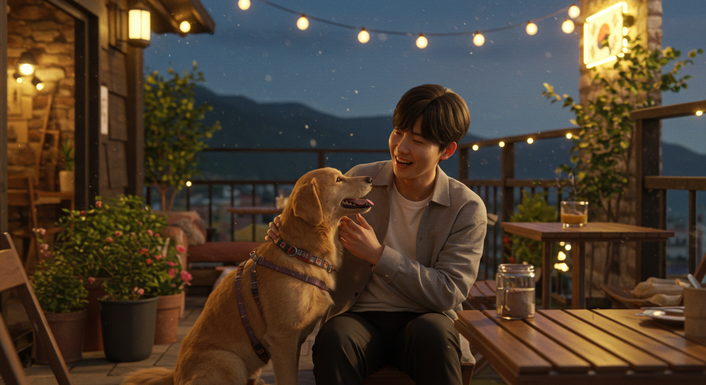 강원도의 펫프렌들리 카페 테라스에서 반려견과 함께하는 한국인