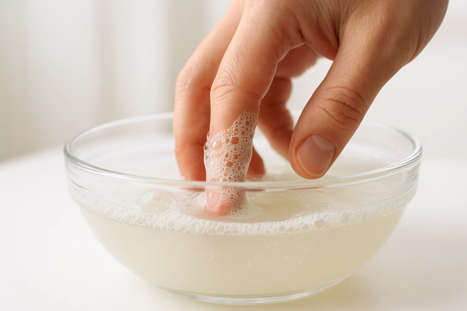 손가락에 묻은 순간접착제를 따뜻한 비눗물에 담그는 장면