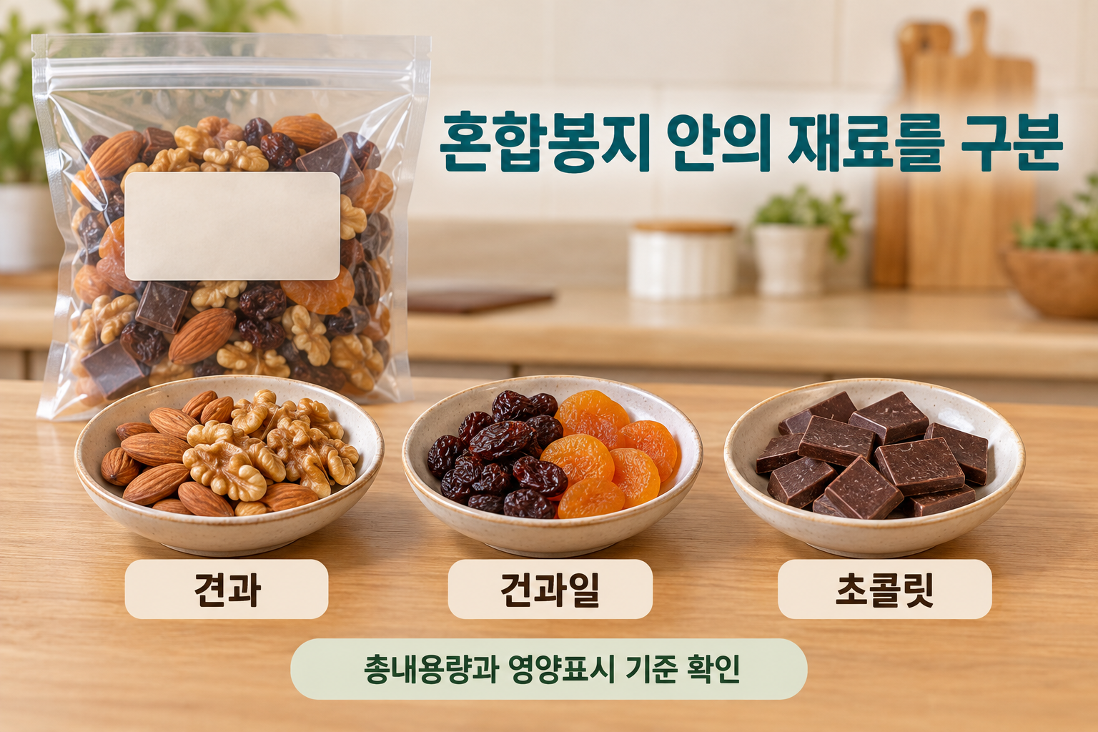 혼합 간식 봉지와 견과&middot;건과일&middot;초콜릿을 각각 구분한 그릇
