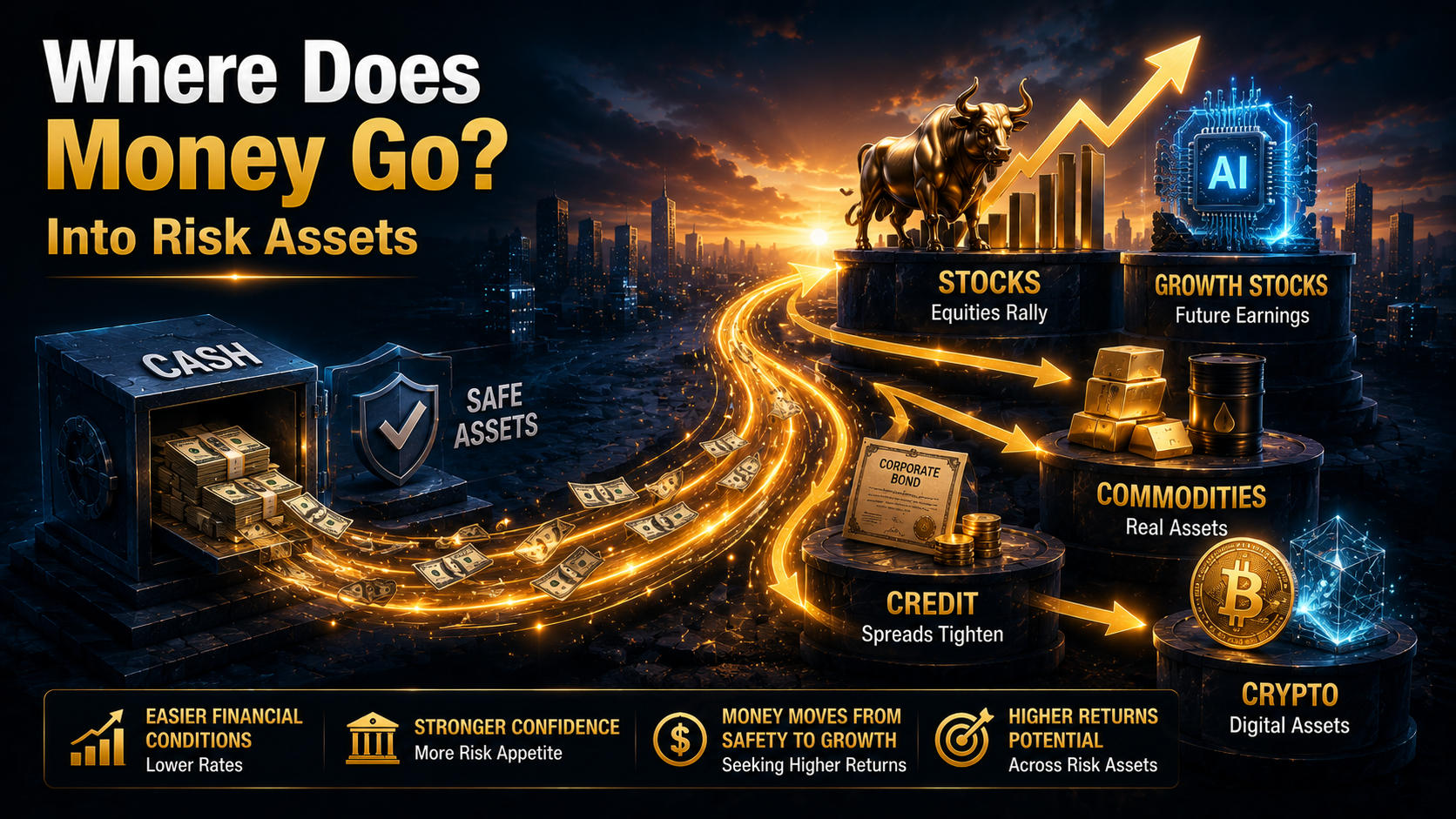 Money flowing from cash and safe assets into stocks and risk assets during a Goldilocks economy