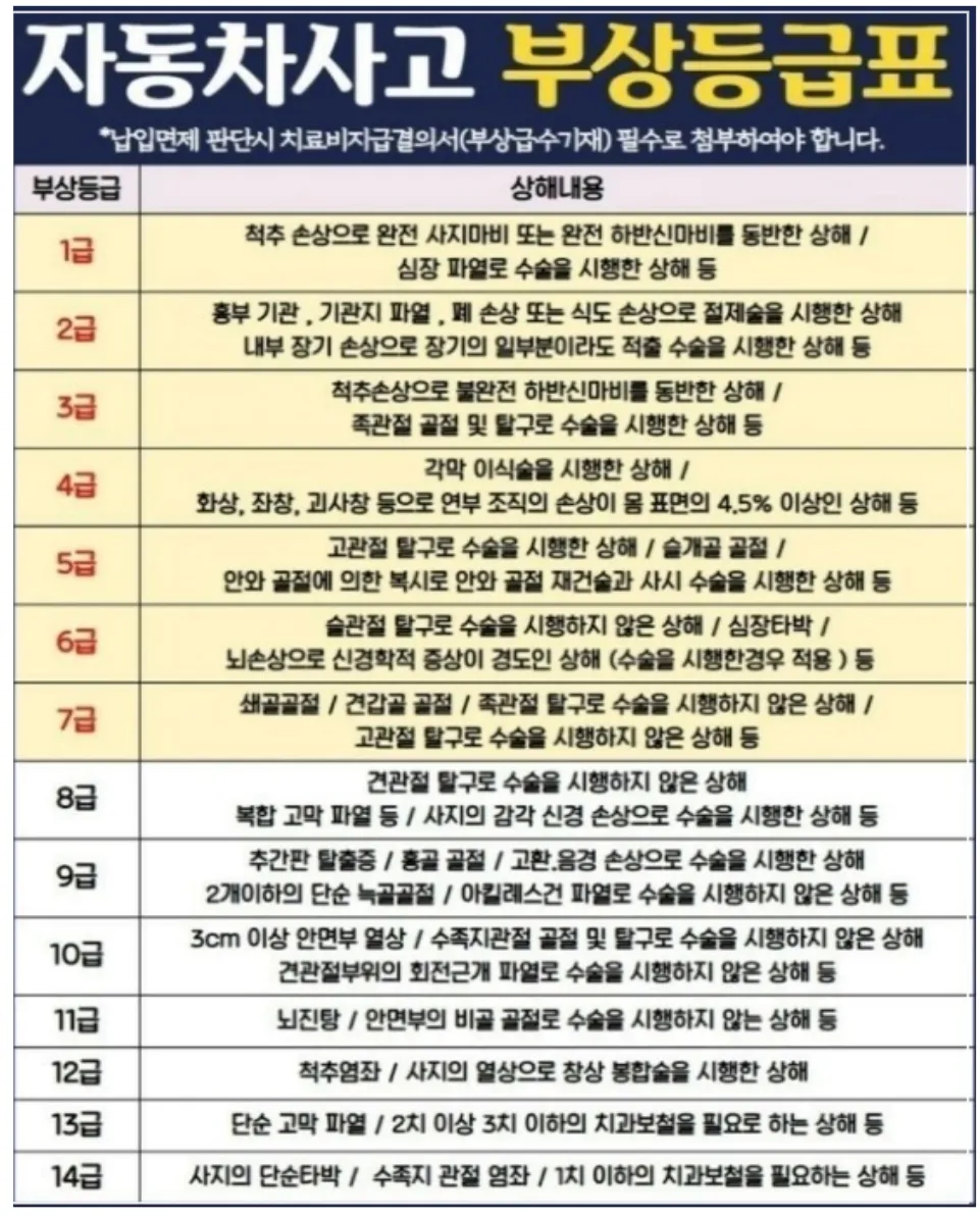 자동차사고-부상등급표
