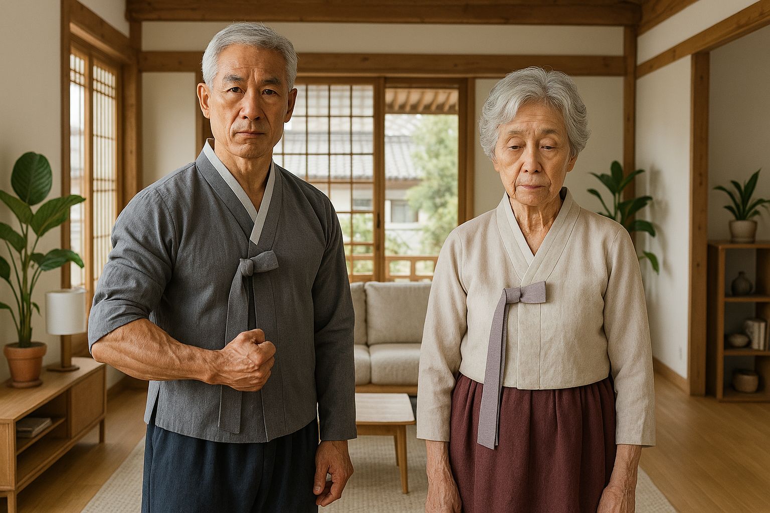 정상 노화와 근감소증 차이를 보여주는 노부부, 근육량 비교가 뚜렷하게 드러남