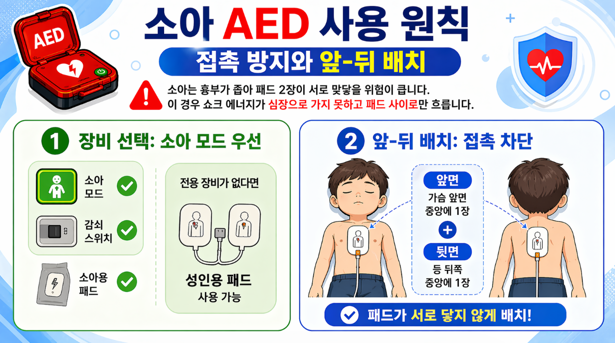 소아 AED 사용 원칙과 앞뒤 패드 배치 방법 설명 이미지