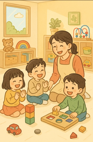 0~5세 어린이들이 어린이집 실내에서 교사와 함께 웃으며 활동하는 모습