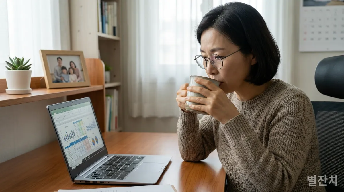 40대 한국인 워킹맘이 깔끔한 홈 오피스에서 재정 스프레드시트를 검토하는 모습