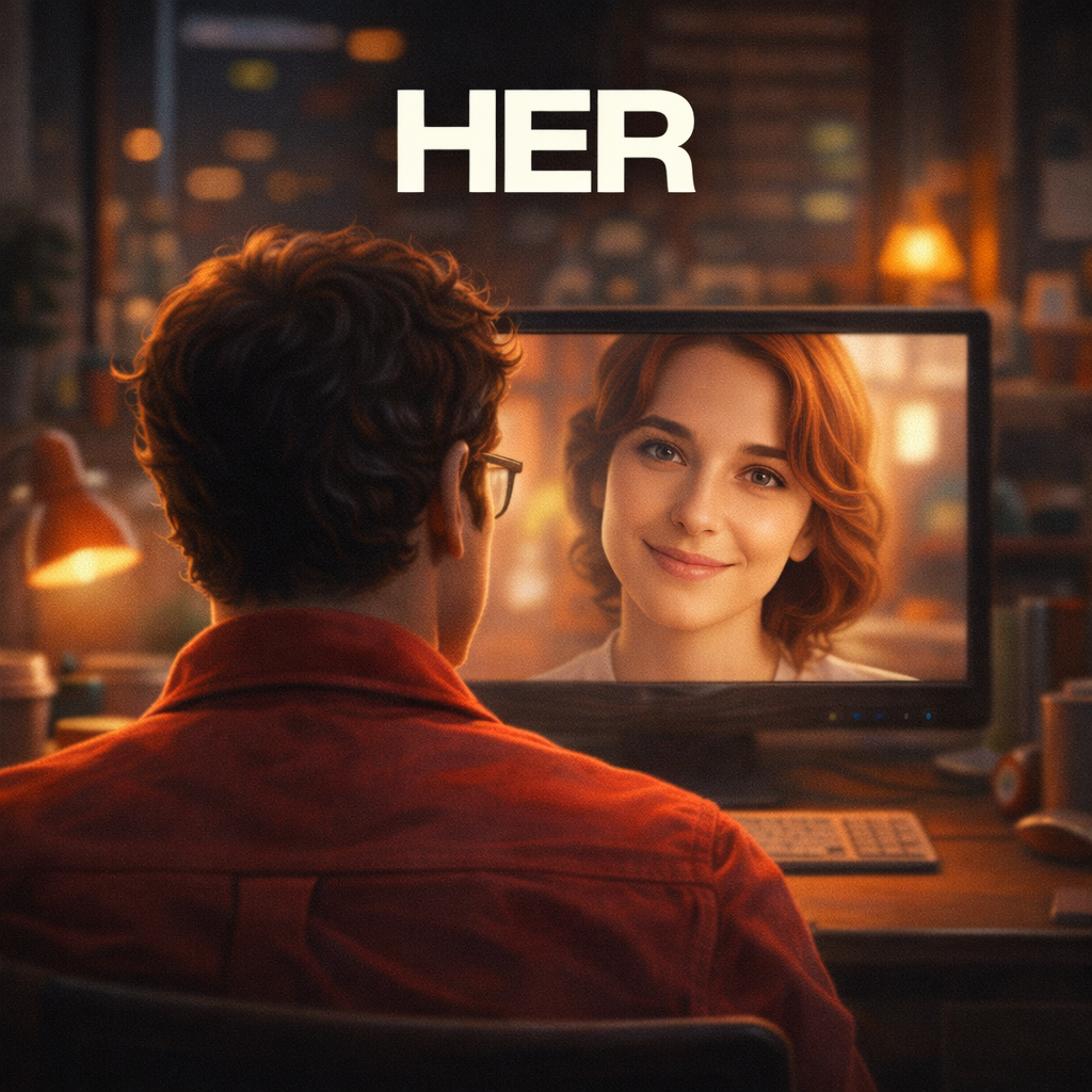 AI를 사랑하는 남자의 뒷모습. 영화제목 HER 문구가 삽입되어 있음.