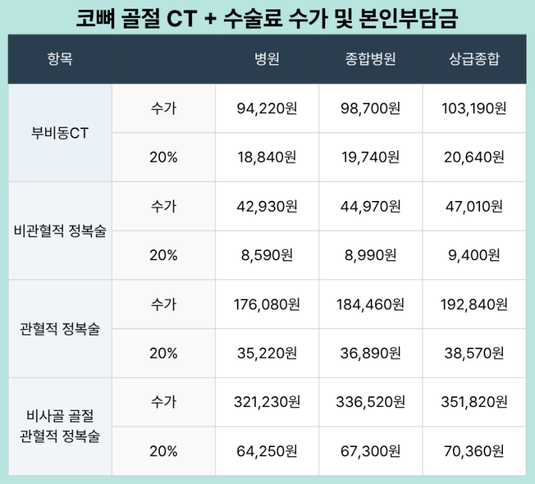 코뼈 골절 CT + 수술료 수가 및 본인부담금
