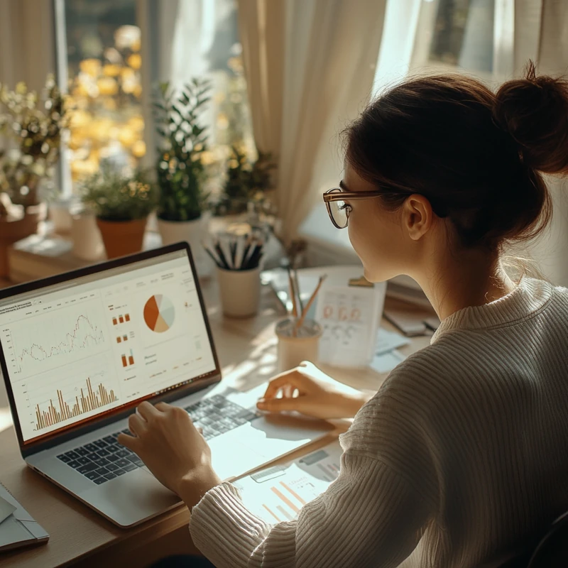 2025년 국내상장 미국 연금 ETF 수익률 분석을 위해 노트북으로 ETF 차트를 검토하는 젊은 직장인 모습, ETF 비교, 연금투자, 미국주식, 최신 수익률 정보, 투자의 시작 감성 결합