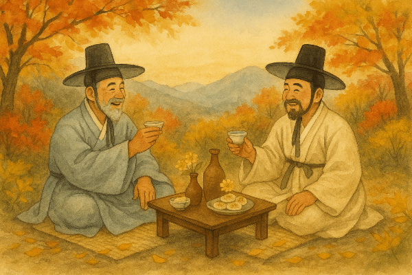 단풍이 든 산에 올라가 국화로 만든 술과 떡을 먹으며 서로 덕담을 나누는 조선시대 양반들의 모습