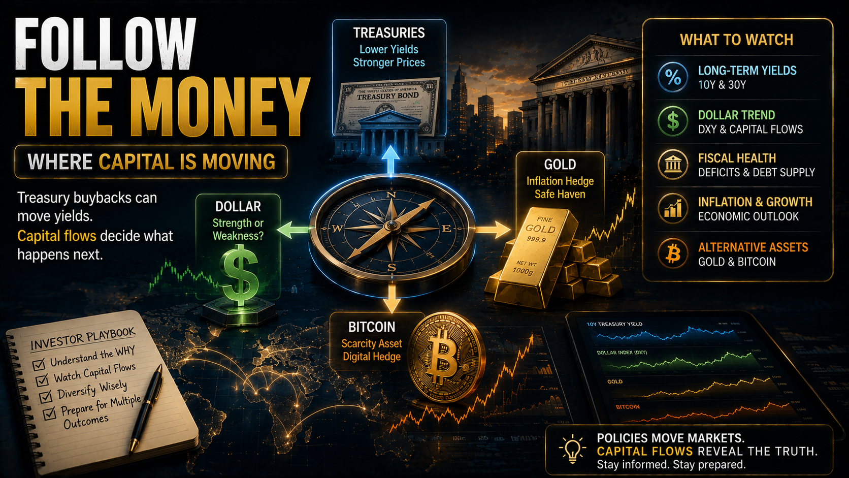 Investors tracking capital flows between US Treasuries the dollar gold and Bitcoin