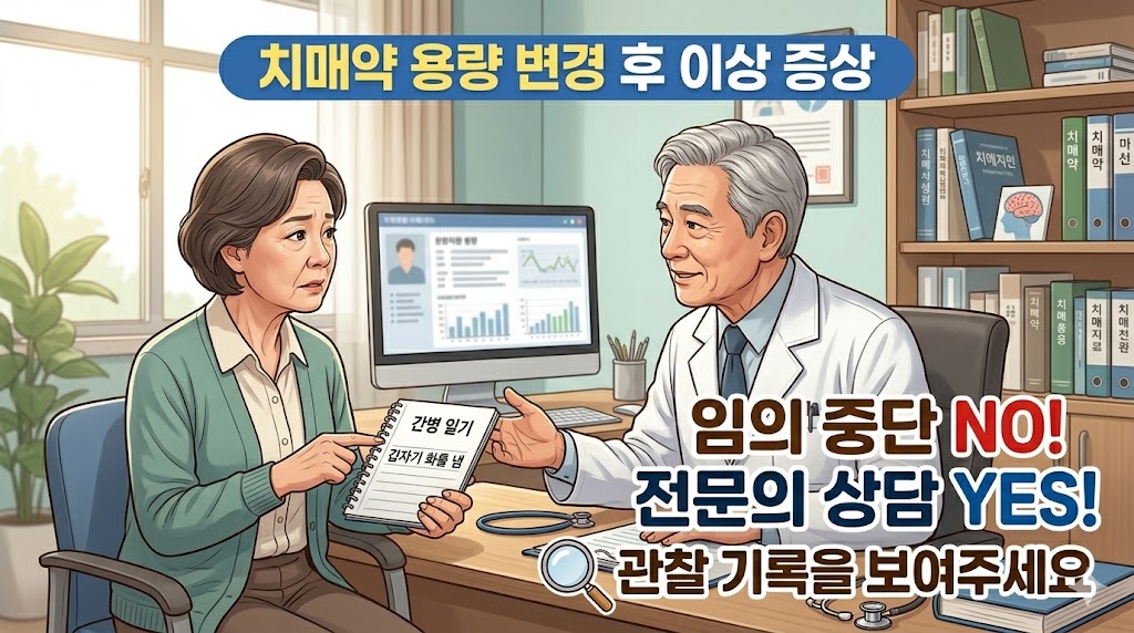 의사와 보호자가 진료실에서 진지하게 상담하는 장면과 치매약 용량 변경 이상 증상 상담법 문구