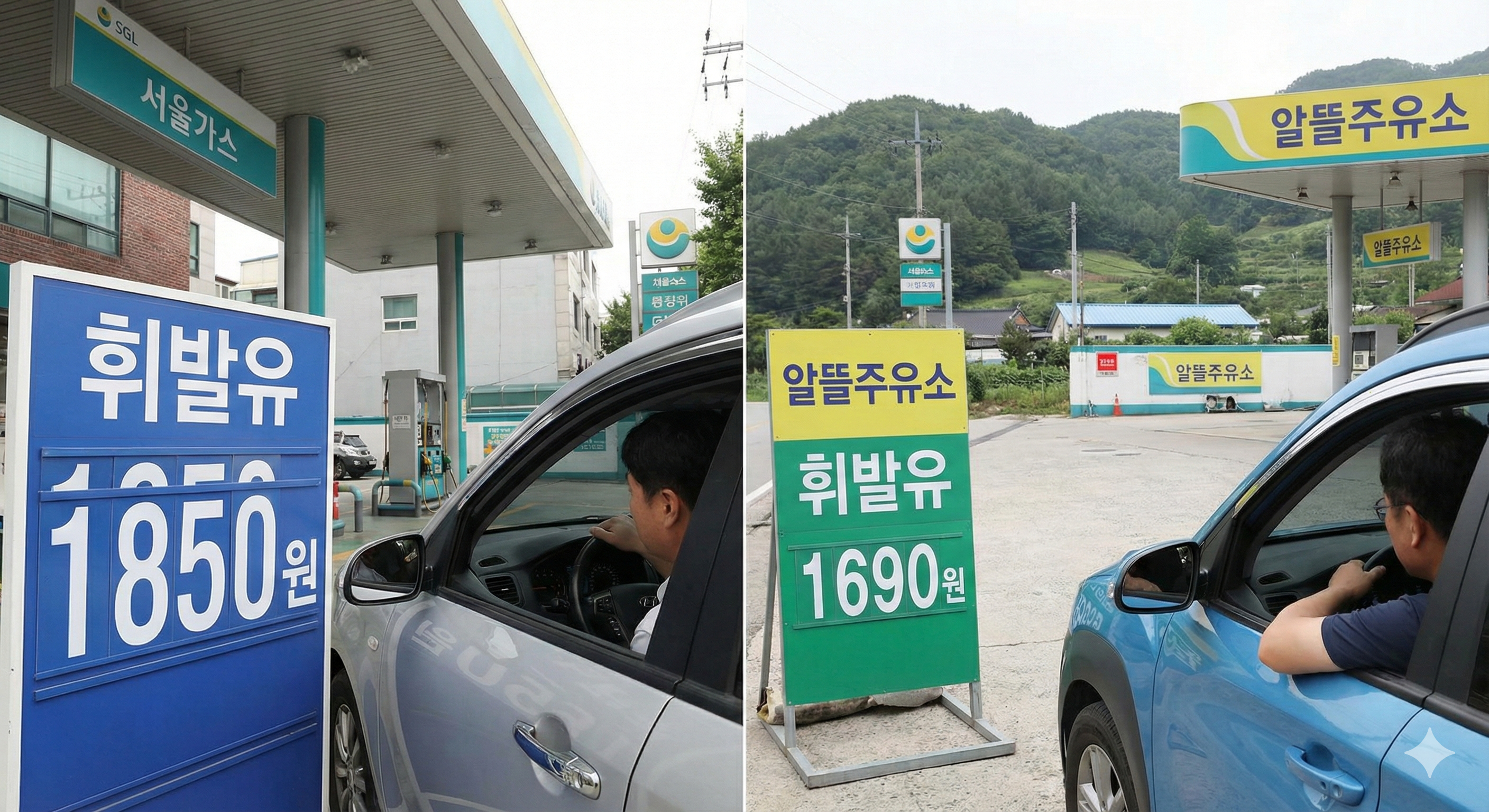 서울과 지방의 주유소 가격 차이를 보여주는 분할 사진