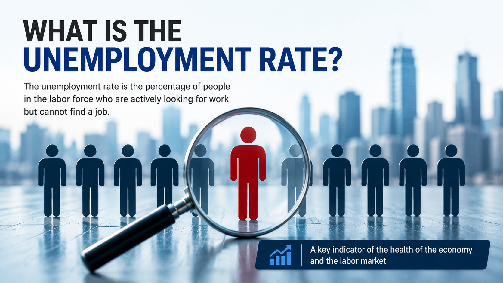 Magnifying glass highlighting an unemployed worker among a crowd, representing the unemployment rate and labor market conditions.