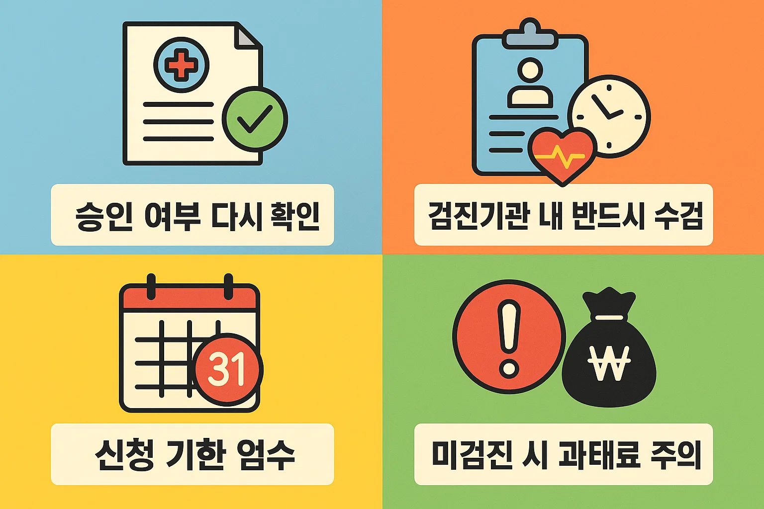 건강검진 연기 신청 시 반드시 알아야 할 주의사항을 정리한 인포그래픽. 승인 여부 재확인, 검진기관 내 수검, 신청기한 엄수, 미검진 시 과태료 주의 등 실전 팁을 담은 이미지.
