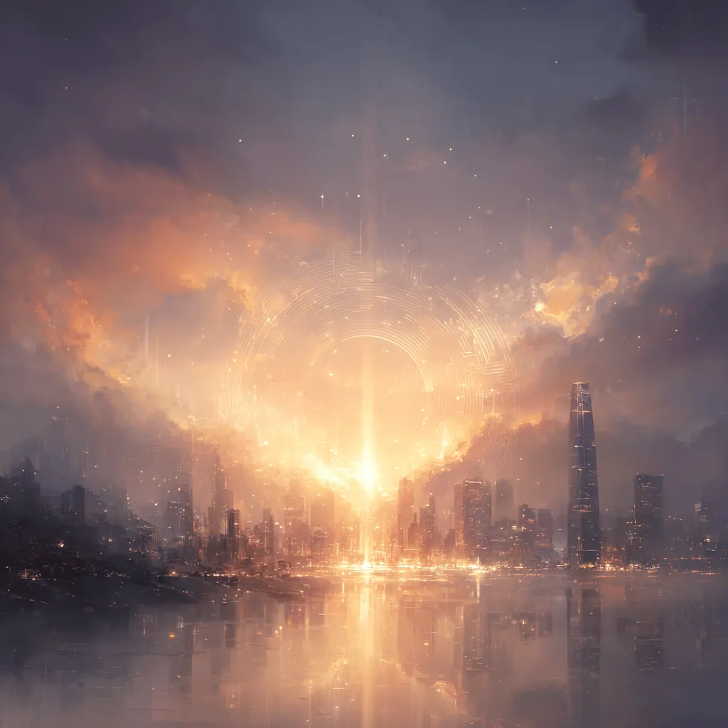 원화스테이블코인: 황금 원화 코인을 중심으로 빛나는 빌딩들이 원형으로 배치되고 빛줄기로 연결된 모습. 빅테크 기업들의 스테이블 코인 생태계 협력을 상징하는 이미지(BigTech Ecosystem&#44; Fintech Partnership).