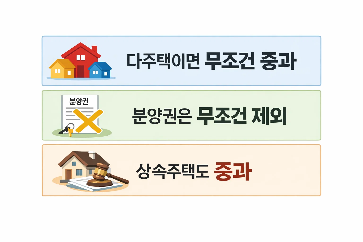 다주택은 무조건 중과, 분양권은 무조건 제외, 상속주택도 중과 등의 잘못된 인식을 바로잡아 실제 적용 기준을 설명한 이미지