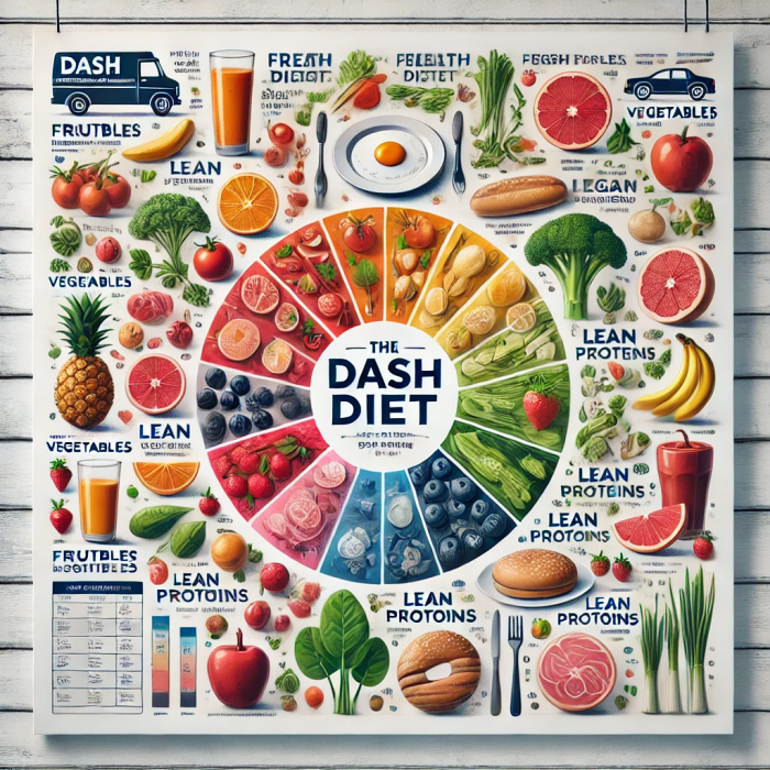 DASH 식단을 구성하는 과일, 채소, 저지방 단백질의 권장 섭취량을 시각적으로 설명한 이미지