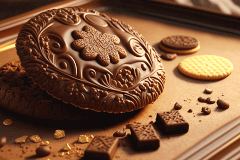 커다랗고 둥그런 초코쿠키가 있다. 주변엔 크래커와 작은 초콜릿들이 있다.