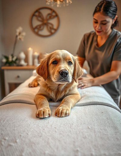 관절염이 있는 강아지가 마사지를 받고 있는 모습