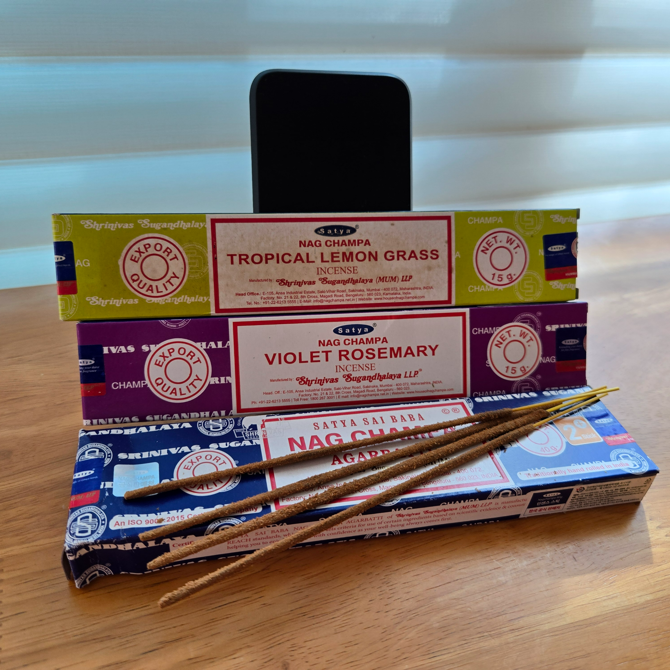 나그참파, 트로피칼 레몬그라스, 바이올렛 로즈마리 인센스 스틱 패키지와 향 스틱