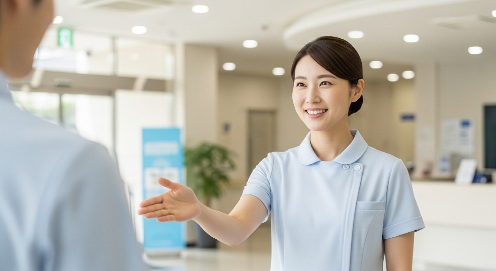 병원 문 앞에서 가볍게 인사하는 간호사 