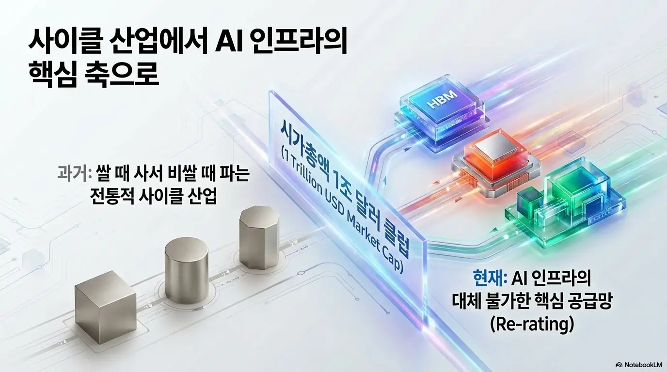 엔트로픽 투자 삼성전자 SK하이닉스: &amp;#39;사이클 산업에서 AI 인프라의 핵심 축으로&amp;#39;라는 제목으로 과거의 전통적 사이클 산업에서 현재 대체 불가한 핵심 공급망으로 재평가된 메모리 반도체와 시가총액 1조 달러 클럽 진입을 보여주는 이미지. 메모리 기업의 위상 변화를 시각적으로 전달하며&amp;#44; 블로그의 투자자 관점 분석과 관련된 내용을 설명함