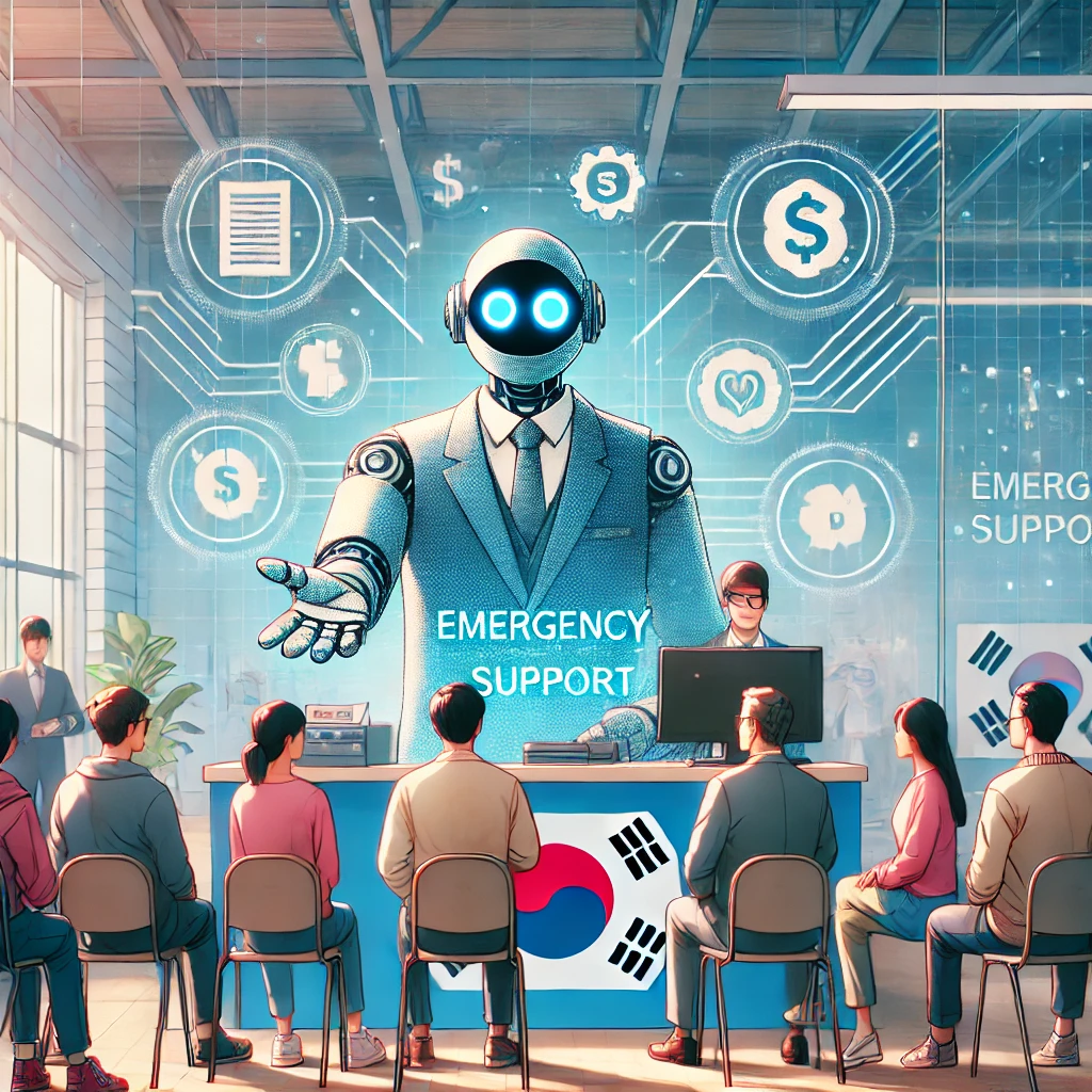 2025 저소득층 긴급지원 프로그램에 설명을 사무실의 여러사람이 모여 앉아 듣고 있는 일러스트