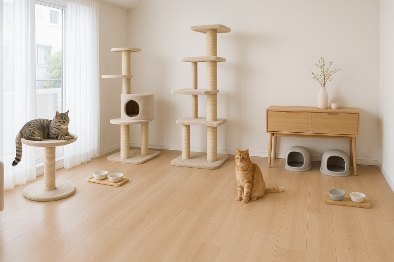 고양이 두 마리가 분리된 공간에서 편안히 쉬는 고양이 친화적 인테리어 거실