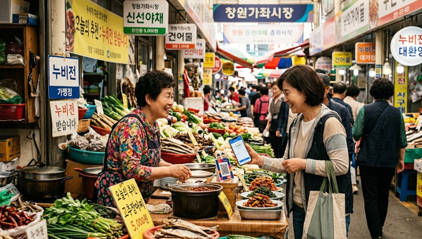 활기 넘치는 창원 전통시장 골목에서 상인과 손님이 모바일 지역화폐로 결제하는 따뜻한 분위기