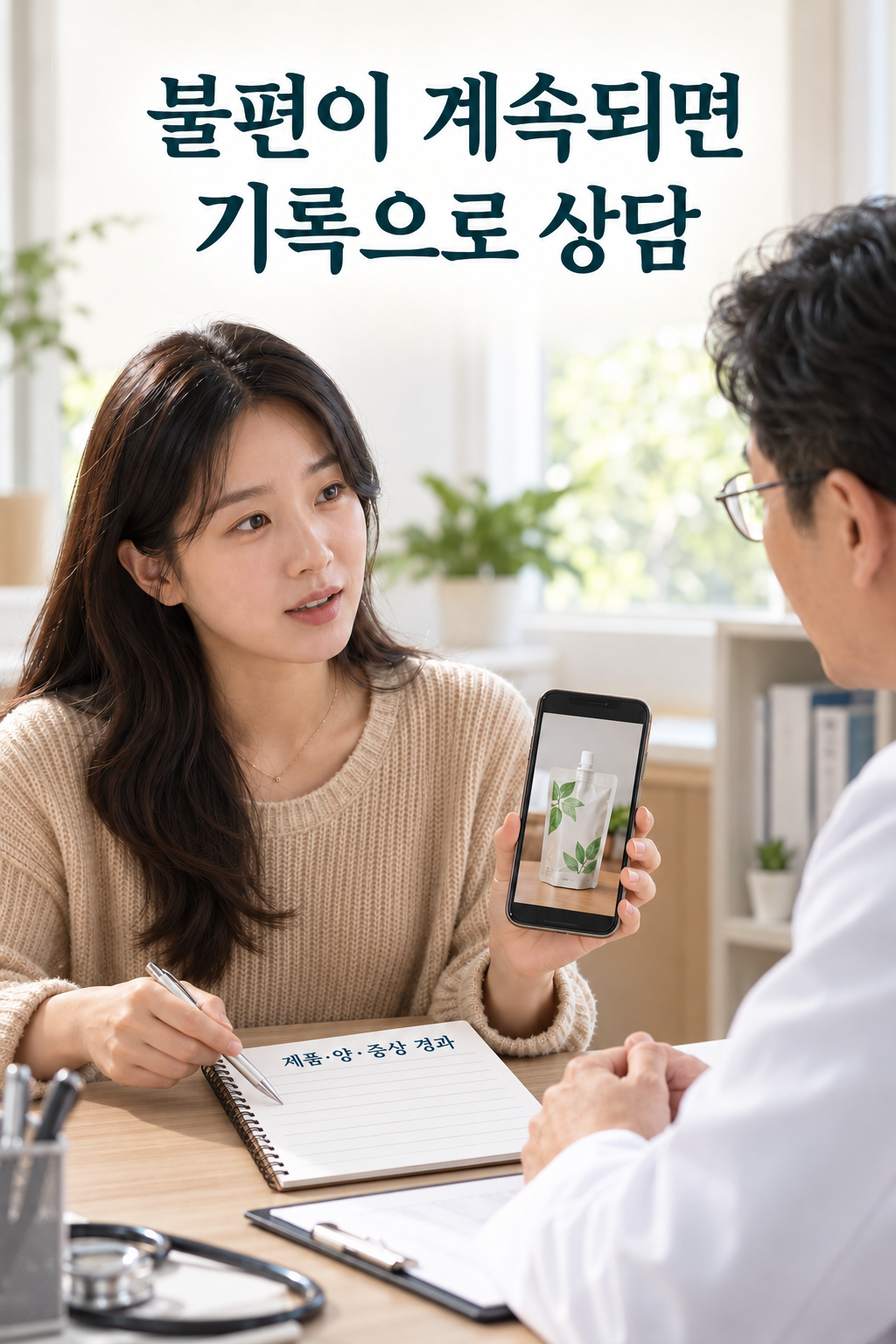 제품 포장 사진과 먹은 양 및 불편 경과를 정리한 기록을 의료진에게 보여주는 성인