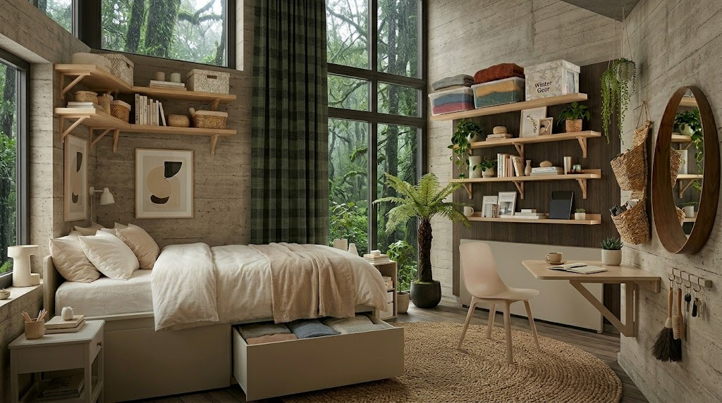 수납형 침대를 활용하고 접이식 테이블을 이용하여 공간 활용한 인테리어 이미지