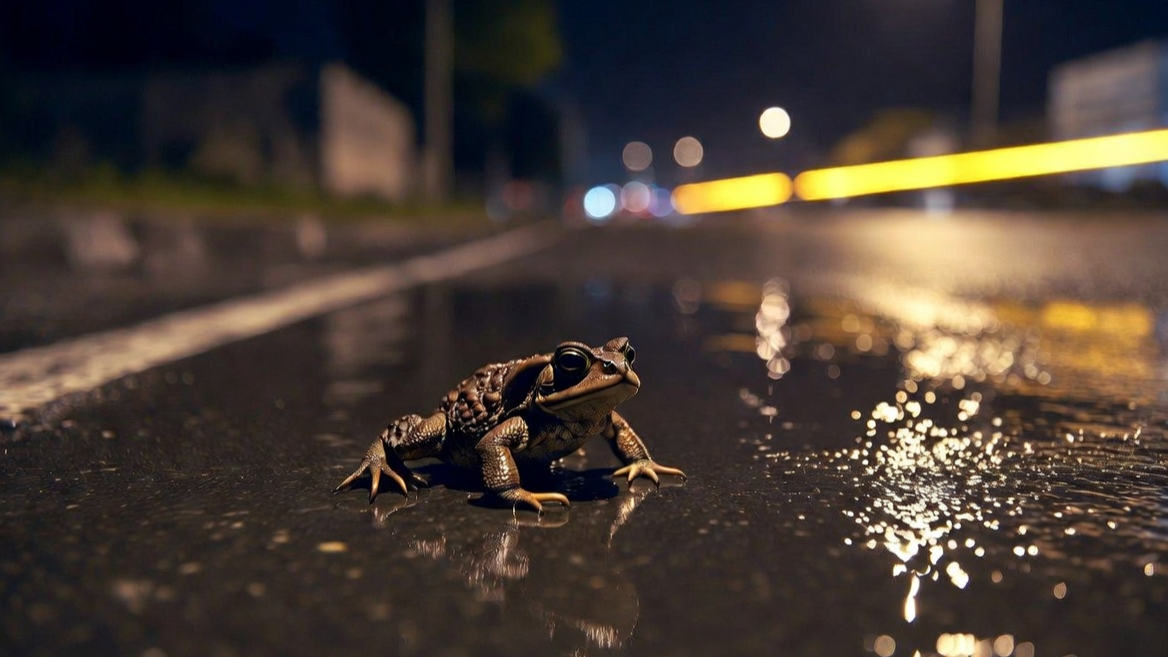 야간 산란 이동 중 도로 위 로드킬 위기에 처한 두꺼비
