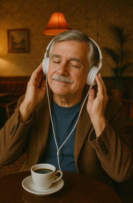 카페에 앉아 노래를 감상하고 있는 장년의 모습