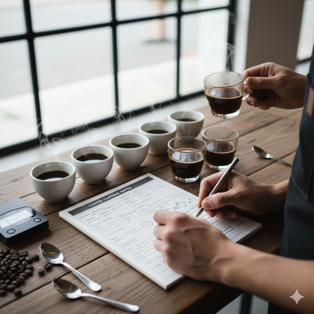커피맛 감별을 위해 커핑 노트를 작성하며 바디감과 산미를 비교 시음하는 장면(이미지 생성:google)