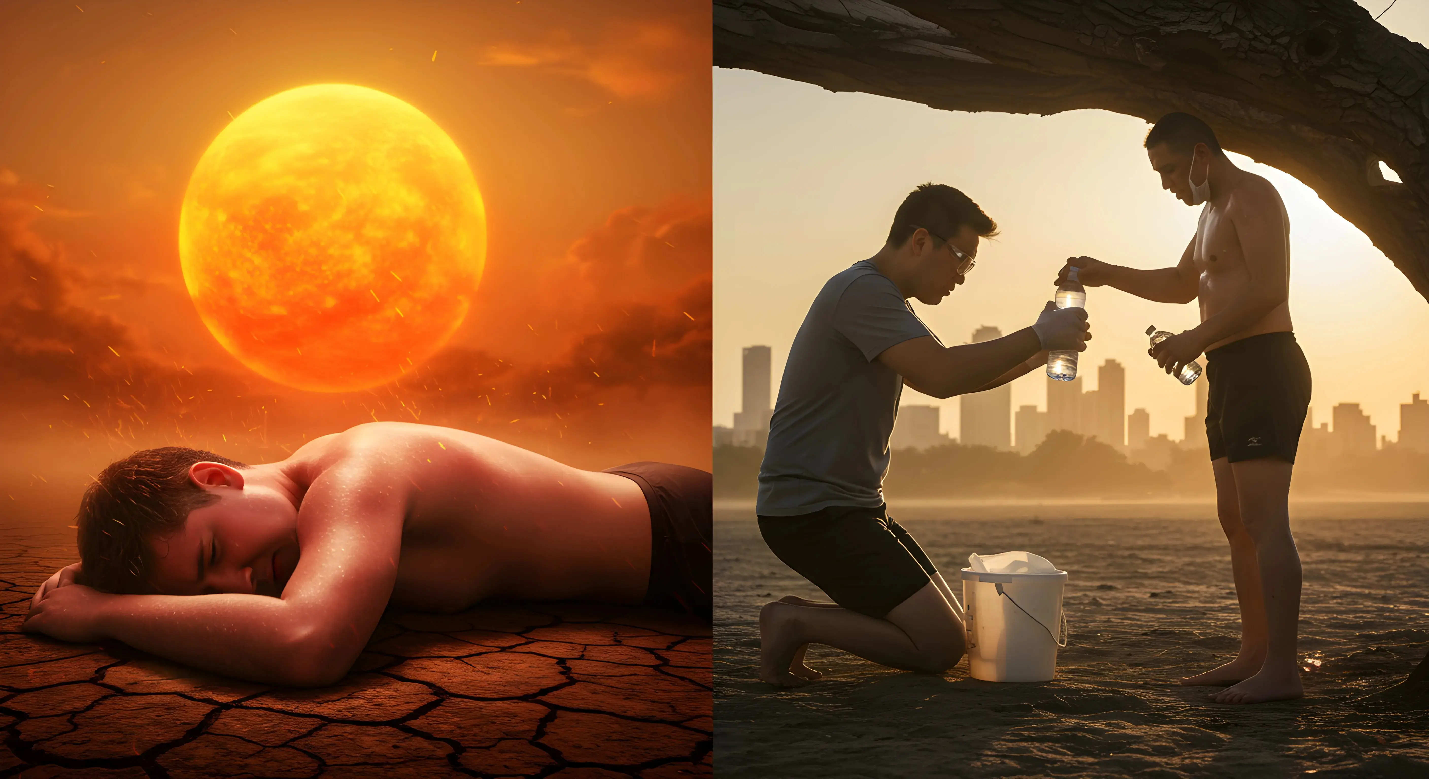 극심한 더위 속에서 열사병으로 쓰러진 사람과 일사병 증상을 보이며 응급처치를 받는 사람을 대비하여 보여주는 의료 일러스트레이션