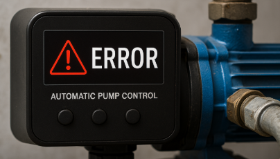 산업용 자동 펌프 제어 장치 화면에 붉은 경고 삼각형과 ‘ERROR’ 문구가 표시되어 있는 장면. 주변에는 금속 배관과 파란색 펌프 본체가 연결되어 있음