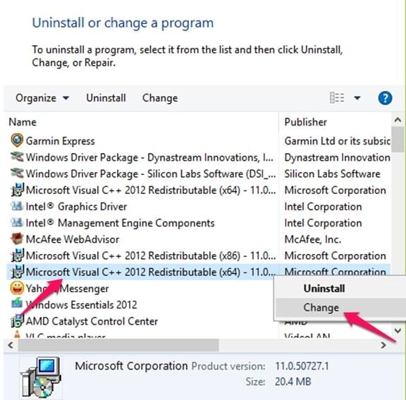 윈도우 제어판의 Microsoft Visual C++ 2012 Redistributable(x64)