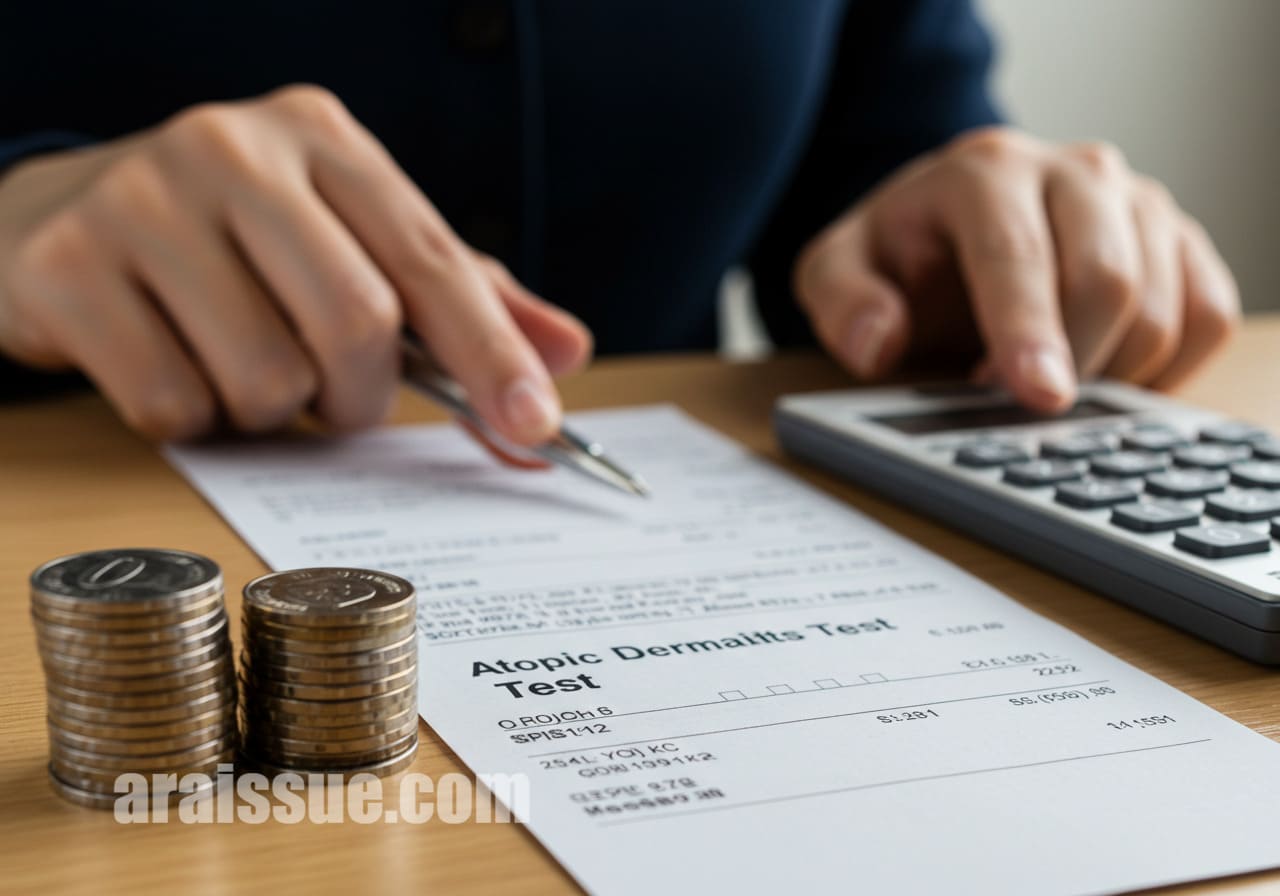 아토피 검사 비용을 나타내는 의료비 청구서와 동전이 놓인 한국인 손