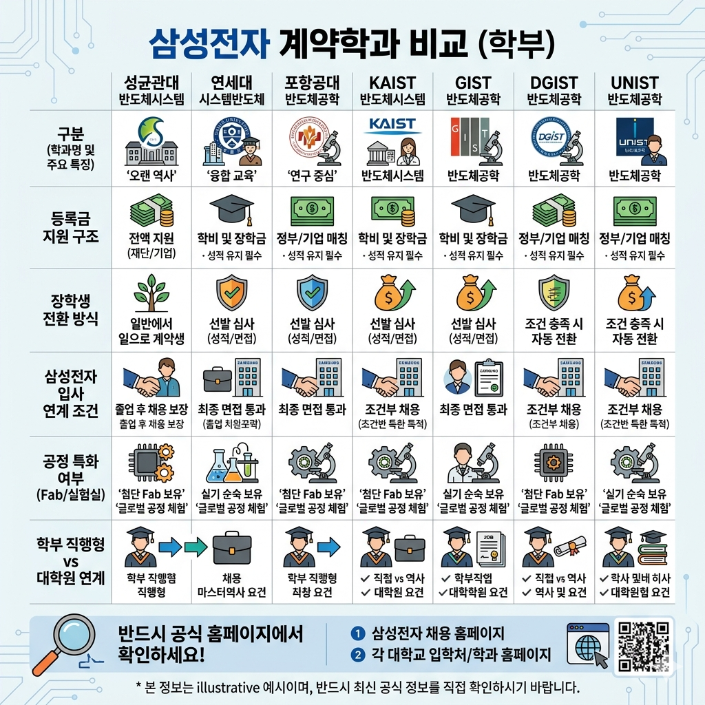 삼성전자 계약학과 비교, 성균관대&middot;연세대&middot;포항공대&middot;KAIST&middot;GIST&middot;DGIST&middot;UNIST 차이 인포그래픽