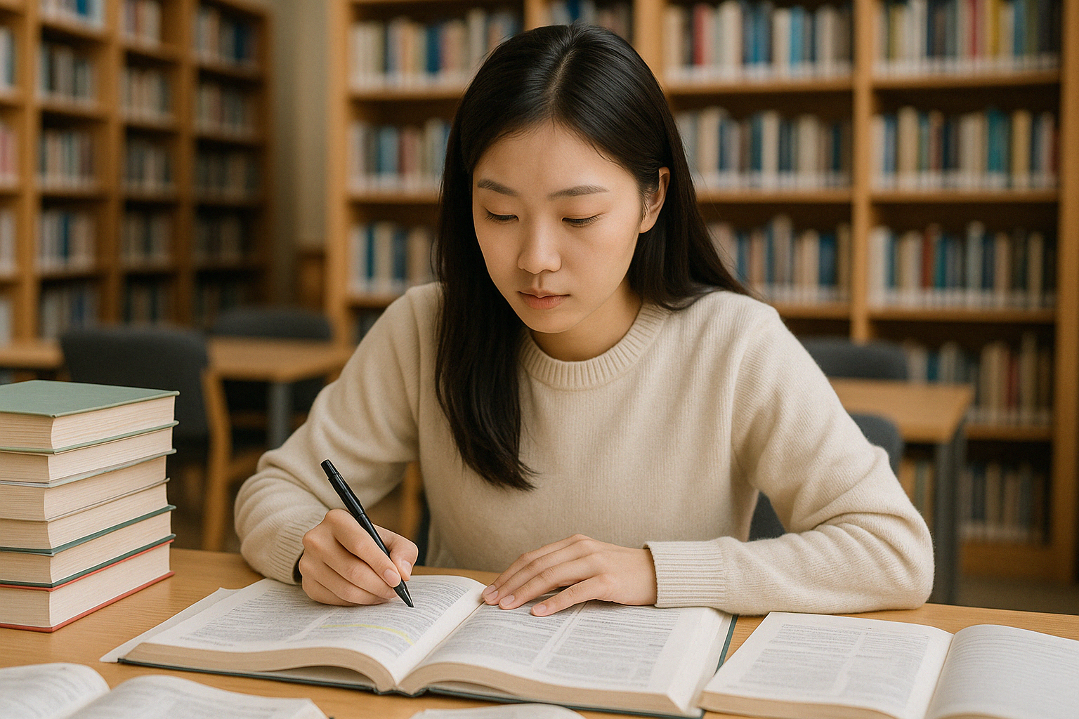 국가직9급공무원시험준비-도서관에서공부하는여성수험생-책과노트에집중하는장면