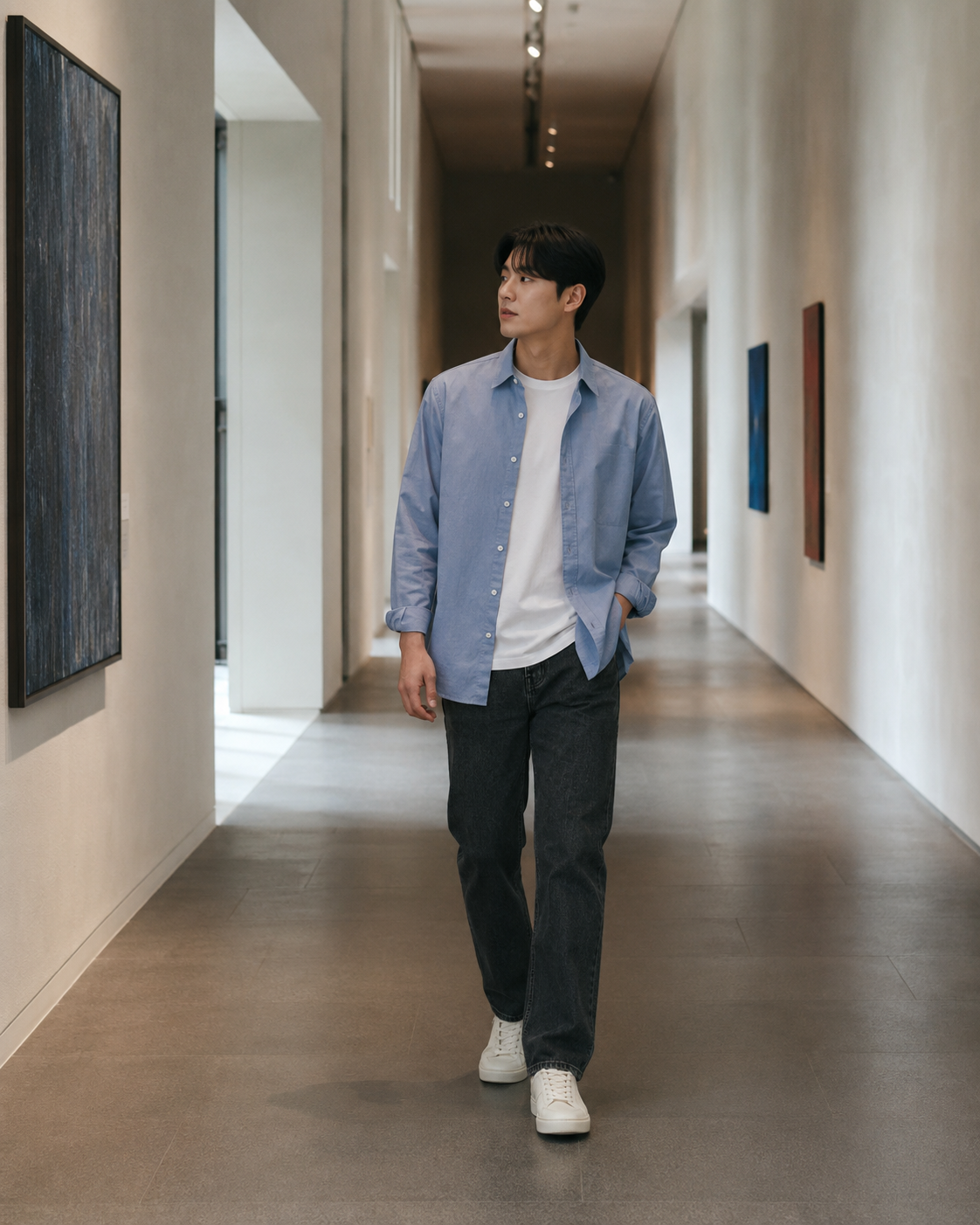 편안한 연인 데이트: 옥스퍼드 셔츠 + 흰 티셔츠 + 차콜 데님처럼 색과 아이템을 연결해 전체 착장을 정돈한 코디입니다.