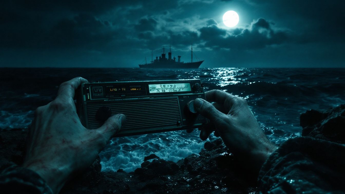 A mysterious ghost ship under moonlight with hands holding a UVB-76 shortwave radio, symbolizing real-life unsolved mysteries