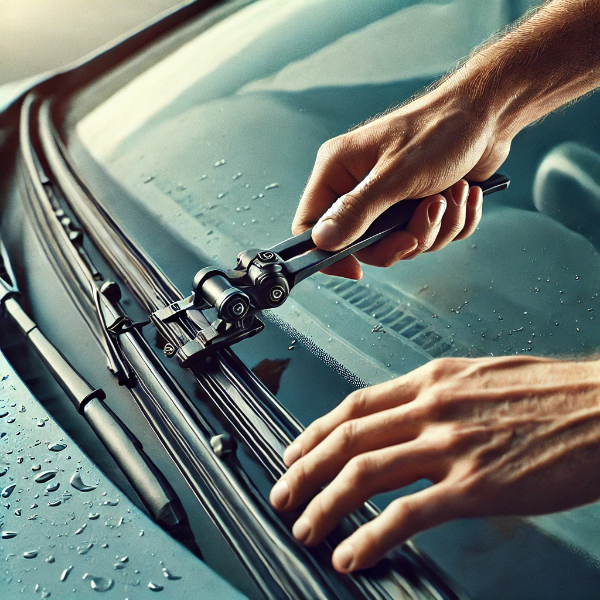 와이퍼 고정클립을 해제하는 실제 작업 상황 묘사